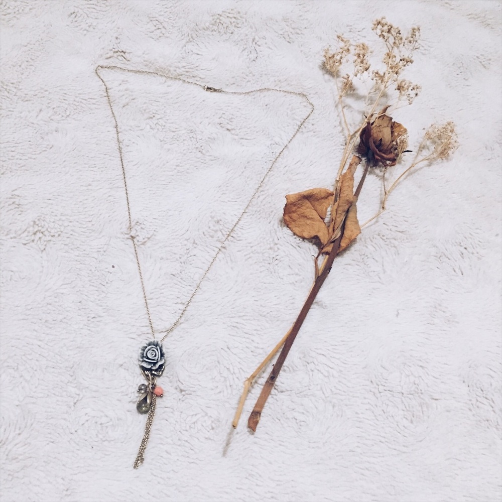 vintage style rose charm necklace, gold long chain